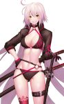  alternate_costume ass_visible_through_thighs asymmetrical_legwear bikini black_bikini black_gloves blush breasts cleavage collarbone cowboy_shot eyebrows_visible_through_hair fate/grand_order fate_(series) floating_hair gloves grin groin hair_between_eyes hand_on_hip highres jeanne_d'arc_(alter_swimsuit_berserker) jeanne_d'arc_(fate)_(all) large_breasts long_hair looking_at_viewer navel o-ring o-ring_bikini rahato red_legwear sheath sheathed shrug_(clothing) silver_hair simple_background smile solo standing swimsuit sword thigh_strap thighhighs very_long_hair weapon white_background yellow_eyes 