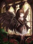  black_gloves boots brown_dress brown_eyes brown_hair brown_wings clenched_hand commentary couch dress flower gloves highres indoors knee_boots long_sleeves original rinmmo smile solo standing window wings 