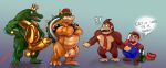  alcohol ape balls beverage big_penis bowser clothed clothing crocodile crocodilian crossed_arms dialogue donkey_kong_(series) drunk erection flaccid fully_clothed gorilla group hands_on_hips human humor king_k_rool koopa laser_(artist) male mammal mario mario_bros muscular nintendo nude penis penis_size_difference primate reptile scalie standing surprise video_games 