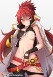  ass_visible_through_thighs asymmetrical_clothes asymmetrical_gloves belt beltskirt black_gloves blazing_heart_(elsword) blush breasts breasts_apart chain chinese_commentary coat commentary_request cowboy_shot elesis_(elsword) elsword eyebrows_visible_through_hair eyes_visible_through_hair fingerless_gloves gloves grin hair_between_eyes long_hair looking_at_viewer medium_breasts navel nipples one_breast_out pants_pull parted_lips patreon_username pussy red_eyes red_hair revision simple_background single_pantsleg smile solo spiked_hair standing v-shaped_eyebrows waero white_background 