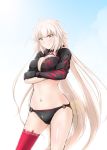 asymmetrical_clothes bikini black_bikini black_jacket blonde_hair blush breasts choker cleavage crossed_arms diesel-turbo eyebrows_visible_through_hair fate/grand_order fate_(series) gloves gradient gradient_background jacket jeanne_d'arc_(alter_swimsuit_berserker) jeanne_d'arc_(fate)_(all) large_breasts long_hair looking_at_viewer o-ring single_glove single_thighhigh smile solo standing swimsuit thighhighs yellow_eyes 