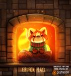  ambiguous_gender black_eyes brick clothed clothing cryptid-creations embers english_text feral fire fireplace flaming_fur flaming_tail fur humor log mammal orange_fur patreon pun red_fur red_panda solo sweater text visual_pun white_fur wood yellow_fur 