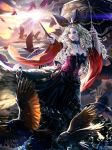 blonde_hair blue_eyes bow breasts cleavage cloud copyright_name crown drill_hair feathered_wings feathers highres legend_of_the_cryptids long_hair nail_polish official_art parasol seunghee_lee sky umbrella wand wings 