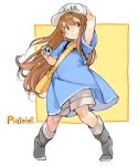  arm_up bag blue_shirt blush boots brown_eyes brown_hair character_name flag flat_color full_body hand_on_headwear hataraku_saibou long_hair platelet_(hataraku_saibou) sachito shirt shorts smile solo 