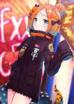  abigail_williams_(fate/grand_order) absurdres bangs black_bow black_jacket blonde_hair blue_eyes blurry blurry_background blush bow closed_mouth commentary_request depth_of_field dutch_angle fate/grand_order fate_(series) hair_bow hair_bun hand_up heroic_spirit_traveling_outfit highres jacket long_hair long_sleeves looking_at_viewer object_hug orange_bow parted_bangs polka_dot polka_dot_bow ranmaruuuu00 sleeves_past_fingers sleeves_past_wrists solo stuffed_animal stuffed_toy suction_cups teddy_bear tentacles 