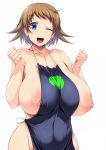  1girl apron breasts gundam gundam_build_divers huge_breasts nanase_nanami_(gundam_build_divers) solo tsukasawa_takamatsu wink 