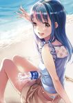  :d arm_support arm_up bangs bare_legs barefoot beach blue_hair blue_panties blue_shirt blush bottle brand_name_imitation brown_hair brown_shorts day eyebrows_visible_through_hair half-closed_eye knees_together_feet_apart long_hair matsuzaki_miyuki open_mouth original outdoors panties pocari_sweat round_teeth sand shirt short_shorts shorts sitting sleeveless sleeveless_shirt smile solo teeth transparent underwear upper_teeth water water_bottle 