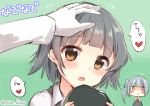  2girls :t admiral_(kantai_collection) arare_(kantai_collection) black_ribbon blush blush_stickers brown_eyes commentary_request eyebrows_visible_through_hair gloves grey_hair hair_ribbon hat hat_removed headwear_removed heart holding holding_hat kantai_collection kasumi_(kantai_collection) long_hair long_sleeves multiple_girls open_mouth petting pout remodel_(kantai_collection) ribbon shaded_face short_hair side_ponytail simple_background sou_(soutennkouchi) speech_bubble translation_request white_background white_gloves 