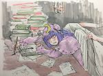  bangs blue_ribbon blush book crescent crescent_hair_ornament fountain_pen frilled_sleeves frills hair_ornament hat holding holding_pen indoors ink_bottle light_bulb long_hair long_sleeves misohagi mob_cap open_mouth paper patchouli_knowledge pen purple_hair ribbon sitting sleeping table touhou writing 