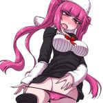  1girl bleach blush boots breasts curvy dokugamine_riruka embarrassed hanya_(hanya_yashiki) hat large_breasts long_hair looking_at_viewer open_mouth panties partially_visible_vulva pink_eyes pink_hair pink_panties shiny shiny_skin simple_background solo sweat thighs tsundere twintails underwear upper_body 