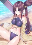  arm_support beach bikini black_hair blue_bikini breasts commentary_request day fate/grand_order fate_(series) impossible_clothes large_breasts long_hair looking_at_viewer ocean purple_eyes side_ponytail sitting solo suzuho_hotaru swimsuit ushiwakamaru_(fate)_(all) ushiwakamaru_(fate/grand_order) ushiwakamaru_(swimsuit_assassin)_(fate) very_long_hair water wide_sleeves 