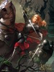  armor armored_boots artist_name boots cape copyright_name crowgod faceless faceless_male gloves helmet highres horse horseback_riding legend_of_the_cryptids long_hair male_focus official_art open_mouth orange_hair riding solo_focus sword tree weapon 