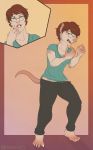  anthro auburn_hair barefoot brown_hair buckteeth claws clothing drpickelle eyewear female glasses green_eyes hair human human_to_anthro mammal panting rat rodent shirt simple_background solo teeth tilde transformation wererat 