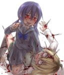  aosora_(mizore) bandaid black_legwear blonde_hair blood blue_bow blue_eyes bow brown_footwear fork guro long_sleeves multiple_girls open_mouth original purple_hair red_eyes school_uniform serafuku shoes tongue tongue_out twintails yandere 