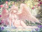  absurdres angel_wings arm_support bikini blonde_hair branch breasts cleavage covered_nipples day fairy flower full_body gem hand_up highres jewelry long_hair looking_at_viewer navel necklace original outdoors petals red_eyes rinmmo see-through shoes sitting smile solo swimsuit thighhighs thighs very_long_hair water white_bikini white_feathers white_footwear wings 