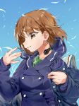 bangs blue_background blue_coat blue_jacket brown_eyes brown_hair closed_mouth commentary_request feathers girls_und_panzer jacket long_sleeves looking_to_the_side nishizumi_miho ooarai_military_uniform ooarai_school_uniform sailor_collar school_uniform short_hair smile solo standing throat_microphone upper_body veerinly wind winter_uniform 