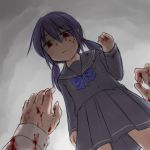  aosora_(mizore) blood blood_on_face bloody_clothes blue_bow bow closed_mouth long_sleeves original purple_hair red_eyes school_uniform serafuku solo twintails yandere 