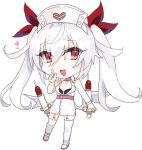  :d azur_lane bandaged_arm bandages bangs bare_shoulders bikini_top black_bikini_top chibi choker commentary_request dress eyebrows_visible_through_hair full_body garter_straps hair_between_eyes hair_ribbon hand_up hat heart index_finger_raised long_hair looking_at_viewer mkbt nurse_cap open_mouth pink_choker red_eyes red_ribbon ribbon shoes silver_hair sleeveless sleeveless_dress smile solo standing thighhighs transparent_background twintails uwabaki vampire_(azur_lane) very_long_hair white_dress white_footwear white_hat white_legwear 