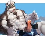  2018 abs anthro biceps canine fur headband horkeukamui male mammal multicolored_fur muscular muscular_male pecs rabbity tokyo_afterschool_summoners white_fur wolf 