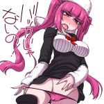  1girl bleach blush boots breasts curvy dokugamine_riruka embarrassed hanya_(hanya_yashiki) hat large_breasts long_hair looking_at_viewer open_mouth panties partially_visible_vulva pink_eyes pink_hair pink_panties shiny shiny_skin simple_background solo sweat thighs translation_request tsundere twintails underwear upper_body 