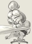  2018 3_toes animal_crossing animal_genitalia animal_pussy anthro barefoot bottomless canine canine_pussy carrot_(artist) chair clothed clothing dog female fingering grey_background greyscale hair half-closed_eyes hi_res hindpaw isabelle_(animal_crossing) mammal masturbation monochrome nintendo open_mouth pawpads paws penetration pussy shih_tzu simple_background sitting sketch smile solo teeth toe_curl toes unprofessional_behavior vaginal vaginal_fingering vaginal_masturbation vaginal_penetration video_games 