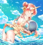  :o arched_back ass ball bare_shoulders beachball bikini blue_bikini blue_sky blush breasts brown_hair chestnut_mouth cloud commentary day dutch_angle fate/grand_order fate_(series) fingernails frankenstein's_monster_(fate) frankenstein's_monster_(swimsuit_saber)_(fate) green_eyes hair_bun hair_ornament holding holding_ball horn jacket leaning_forward long_hair long_sleeves looking_at_viewer looking_to_the_side medium_breasts melings_(aot2846) ocean outdoors parted_lips side_bun sky solo swimsuit very_long_hair water yellow_jacket 