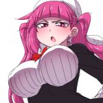  1girl bleach blush breasts dokugamine_riruka hanya_(hanya_yashiki) hat large_breasts long_hair looking_at_viewer open_mouth pink_eyes pink_hair shiny shiny_skin simple_background solo tsundere twintails upper_body 
