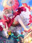  bag blonde_hair blue_eyes bow breasts cleavage copyright_name drill_hair flower gloves high_heels highres legend_of_the_cryptids long_hair official_art parasol petals seunghee_lee sky teeth thighhighs umbrella 