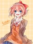  :d arms_behind_back blue_eyes bow character_name doki_doki_literature_club eyebrows_visible_through_hair hair_between_eyes hair_bow jacket looking_at_viewer negi_(ngng_9) open_clothes open_jacket open_mouth orange_vest pink_hair plaid plaid_background red_bow sayori_(doki_doki_literature_club) school_uniform shirt short_hair smile solo white_shirt 