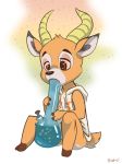  animal_crossing antelope anthro beau_(animal_crossing) bong clothed clothing digital_media_(artwork) drugs half-closed_eyes hoodie hooves horn lewmzi male mammal marijuana nintendo signature sitting solo stoned video_games 