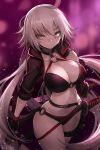  ahoge bangs belt bikini black_bikini black_jacket blush breasts choker cleavage closed_mouth collarbone commentary_request cropped_jacket fate/grand_order fate_(series) goomrrat hair_between_eyes highres hips jacket jeanne_d'arc_(alter_swimsuit_berserker) jeanne_d'arc_(fate)_(all) katana large_breasts long_hair looking_at_viewer navel o-ring shrug_(clothing) solo swimsuit sword thigh_strap thighs very_long_hair weapon yellow_eyes 