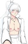  blue_eyes blush breasts hair_between_eyes highres jewelry long_hair looking_at_viewer medium_breasts necklace nipples no_bra open_clothes outstretched_arm raspberrycreampie rwby scar scar_across_eye sketch skirt smile solo sweat weiss_schnee white_background white_hair 