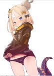  abigail_williams_(fate/grand_order) bangs black_bow black_hair black_jacket blonde_hair blue_eyes bow caburi commentary_request fate/grand_order fate_(series) forehead hair_bun heroic_spirit_traveling_outfit highres jacket jacket_lift orange_bow parted_bangs sleeves_past_wrists tentacles 