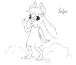  2018 anthro barefoot clothed clothing cute digital_media_(artwork) eyewear female front_view fur glasses grass hair happy hi_res hindpaw horn humanoid_hands jaan&amp;paw lagomorph leipori long_ears looking_at_viewer mammal moji_(paladins) monochrome nature open_mouth outside paladins paws rabbit signature simple_background sketch smile solo standing teeth text video_games white_background 