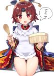 1girl :o bangs benienma_(fate/grand_order) blush commentary_request eyebrows_visible_through_hair fate/grand_order fate_(series) feathers hat head_tilt heart highres holding holding_spoon japanese_clothes kneeling long_sleeves looking_at_viewer open_mouth parted_bangs red_eyes red_hair shadow shirt short_hair sidelocks simple_background solo speech_bubble spoon thighs white_background white_shirt wide_sleeves wooden_spoon xenonstriker 