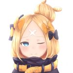  abigail_williams_(fate/grand_order) absurdres bangs black_bow black_jacket blonde_hair blue_eyes blush bow closed_mouth commentary_request crossed_bandaids eyebrows_visible_through_hair fate/grand_order fate_(series) hair_bow hair_bun heroic_spirit_traveling_outfit highres jacket long_hair looking_at_viewer one_eye_closed orange_bow parted_bangs polka_dot polka_dot_bow portrait sato_(r017xts117) simple_background solo white_background 
