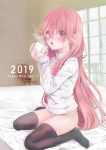  1girl 2019 bed black_legwear cup eijitsu hand_to_own_mouth happy_new_year highres holding jewelry long_hair mug new_year no_pants open_mouth original panties pink_eyes pink_hair pink_panties polka_dot polka_dot_panties ring sitting solo steam sweater thighhighs underwear very_long_hair wedding_band white_sweater window 