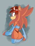  blush bottomless butt claws clothed clothing conditional_dnp eyelashes fan_character female fur gloves hair kayla-na legwear looking_at_viewer looking_back mammal nude rear_view shirt simple_background smile solo sonic_(series) tenrec 