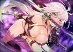  ahoge bangs bare_shoulders bikini black_bikini blush breasts choker cleavage collarbone cropped_jacket eyebrows_visible_through_hair fate/grand_order fate_(series) full_body hair_between_eyes holding holding_weapon jeanne_d'arc_(alter_swimsuit_berserker) jeanne_d'arc_(fate)_(all) katana large_breasts lips long_hair long_sleeves looking_at_viewer mouth_hold o-ring parted_lips red_legwear shiny shiny_skin sidelocks single_thighhigh solo swimsuit sword teddy_(khanshin) thighhighs thighs unsheathed weapon yellow_eyes 