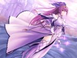  bk201 boots breasts commentary dress dutch_angle fate/grand_order fate_(series) floating_hair hair_between_eyes hair_ornament high_heel_boots high_heels high_ponytail holding holding_wand large_breasts long_hair purple_footwear purple_hair red_eyes scathach_(fate)_(all) scathach_skadi_(fate/grand_order) solo standing thigh_boots thighhighs very_long_hair wand white_dress 