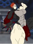  abs absurdres bad_proportions blackwatch_moira breasts highres huge_breasts moira_(overwatch) muscle muscular_female nicki1996 orange_hair overwatch red_eyes short_hair solo thick_thighs thighs torn_clothes very_short_hair 