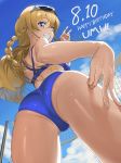  andou_shuuki ass back bangs bare_shoulders beach beach_volleyball bikini blue_bikini blue_eyes blue_sky blue_swimsuit braid breasts character_name cloud commentary_request cowboy_shot criss-cross_halter crotch dated day eyebrows_visible_through_hair eyewear_on_head foreshortening from_below grin hair_between_eyes halterneck hand_on_own_thigh hand_up happy happy_birthday highres idolmaster idolmaster_million_live! kousaka_umi light_brown_hair long_braid long_hair looking_at_viewer looking_back looking_down outdoors perspective rimless_eyewear side_braid single_braid sky smile solo sports_bikini standing straight_hair sunglasses swimsuit teeth thighs v volleyball_net white-framed_eyewear 