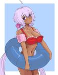  ahoge artist_request bikini bikini_tan blue_innertube blush border breasts cleavage closed_mouth collarbone cowboy_shot dark_skin frilled_bikini frills head_tilt highres holding holding_innertube inflatable_armbands innertube lavender_hair long_hair looking_at_viewer low_twintails navel outside_border purple_eyes red_bikini senki_zesshou_symphogear smile solo source_request standing swimsuit tan tanline third-party_source twintails very_long_hair white_border yukine_chris 