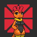  2019 3_fingers abstract_background anthro black_eyes black_scales breasts clothed clothing digital_media_(artwork) featureless_breasts female hand_on_hip imactuallygarbage legwear looking_at_viewer mostly_nude nintendo orange_scales partially_clothed pixel_(artwork) pok&eacute;mon pok&eacute;mon_(species) pok&eacute;morph pussy scales scrafty solo standing stockings thigh_highs video_games 