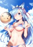  :o animal_ears ball bikini blue_bikini blue_eyes blue_hair blue_sky blush breasts cat_ears cleavage cloud collarbone covered_nipples day hair_ornament hair_over_one_eye hair_ribbon kemonomimi_mode large_breasts long_hair maid_headdress natsuki_subaru navel open_mouth outdoors re:zero_kara_hajimeru_isekai_seikatsu rem_(re:zero) ribbon side-tie_bikini sky solo swimsuit very_long_hair wet x_hair_ornament yasuyuki 