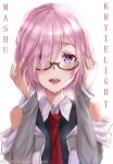  black-framed_eyewear black_shirt copyright_name emarex96 eyebrows_visible_through_hair eyes_visible_through_hair fate/grand_order fate_(series) glasses hair_behind_eyewear hair_over_one_eye highres jacket looking_at_viewer mash_kyrielight necktie open_clothes open_jacket pink_hair purple_eyes red_neckwear shirt short_hair sleeveless sleeveless_shirt solo upper_body watermark web_address 