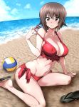  bangs bare_shoulders beach bikini blush breasts brown_eyes brown_hair cleavage cloud collarbone covered_nipples day dirty_feet eyebrows_visible_through_hair flip-flops footwear_removed frown girls_und_panzer hair_between_eyes highres horizon large_breasts nakahira_guy navel nishizumi_maho ocean red_bikini sand sandals shiny shiny_hair short_hair side-tie_bikini sitting sky solo strap_gap strap_pull sweatdrop swimsuit volleyball water 