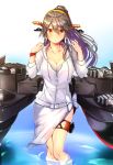  alternate_costume alternate_hairstyle bikini breasts cleavage collarbone dazzle_paint gradient gradient_background grey_hair hair_ornament hairclip haruna_(kantai_collection) headgear highres jacket kantai_collection large_breasts long_hair looking_at_viewer open_clothes open_jacket parted_lips ponytail remodel_(kantai_collection) rigging sarong shiny shiny_hair solo swimsuit swimsuit_under_clothes thigh_strap tsukui_kachou turret wading white_bikini white_jacket white_sarong wristband yellow_eyes 