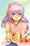 1girl alternate_costume alternate_hairstyle blue_background blurry blush bow breasts cake commentary_request depth_of_field eyebrows_visible_through_hair food fruit gintama glasses hair_bow high_ponytail holding holding_spoon japanese_clothes kimono long_hair open_mouth orange_bow ponytail purple_eyes purple_hair red-framed_eyewear sarutobi_ayame solo spoon strawberry strawberry_shortcake 