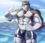  2018 abs anthro biceps canine clothing food fur headband hi_res horkeukamui kemono male mammal multicolored_fur muscular muscular_male nipples outside pecs popsicle roshan_replayer seaside solo swimsuit tokyo_afterschool_summoners water white_fur wolf 